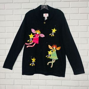 NWT Quacker Factory sweater Christmas angels black embellished size large women